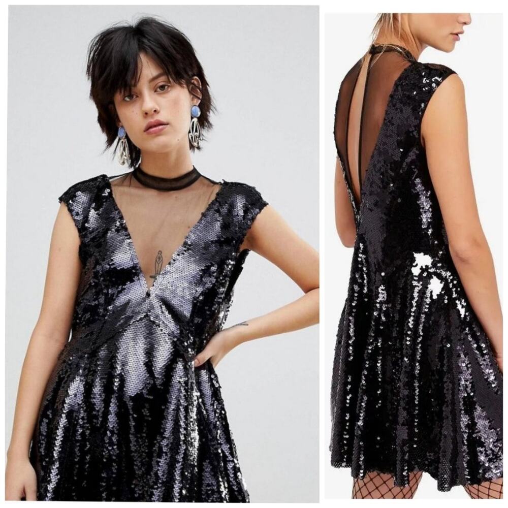 Free People Dance Til Dawn Black Sequin Mesh V-Neck Party Dress